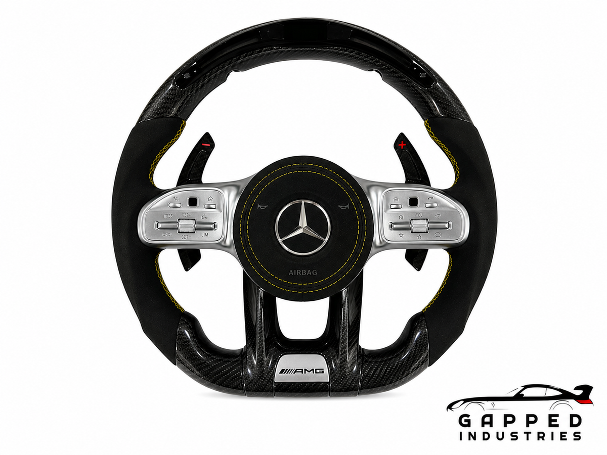 Carbon Fiber Steering Wheel Mercedes-AMG Universal C63s, E63s, S63, C43 (2010-2026) Front View Gapped Industries Yellow Stitching