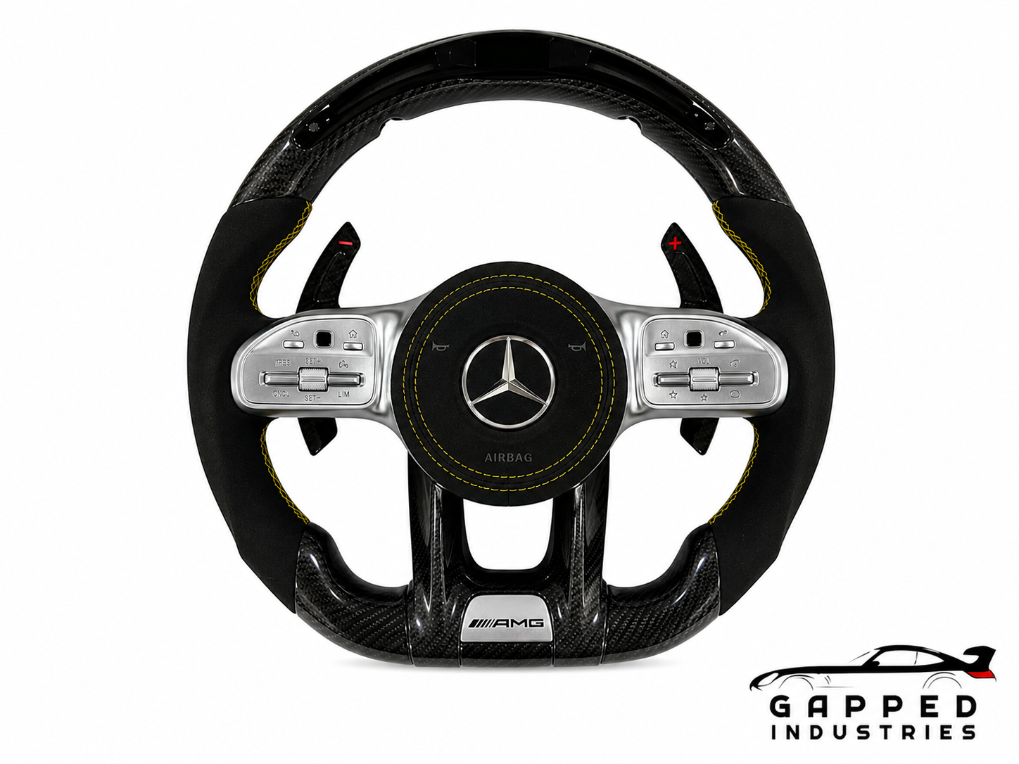 Carbon Fiber Steering Wheel Mercedes-AMG Universal C63s, E63s, S63, C43 (2010-2026) Front View Gapped Industries Yellow Stitching