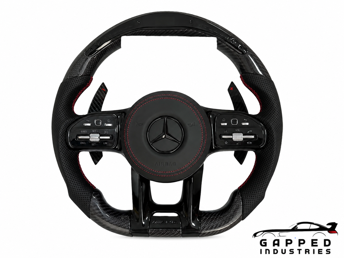 Carbon Fiber Steering Wheel Mercedes-AMG Universal C63s, E63s, S63, C43 (2010-2026) Front View Gapped Industries Red Stitching