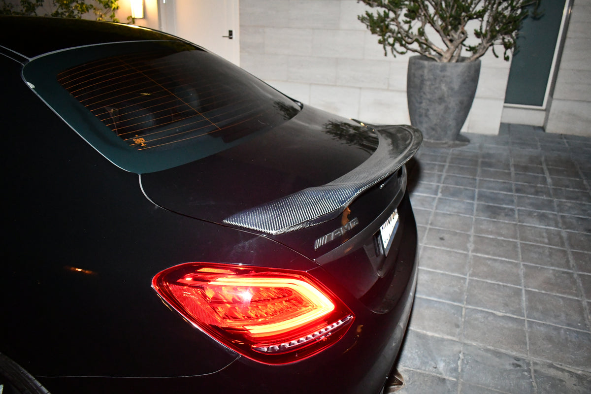 W205 C63 Sedan Carbon Fiber Spoiler Large Real Car Close Up Far