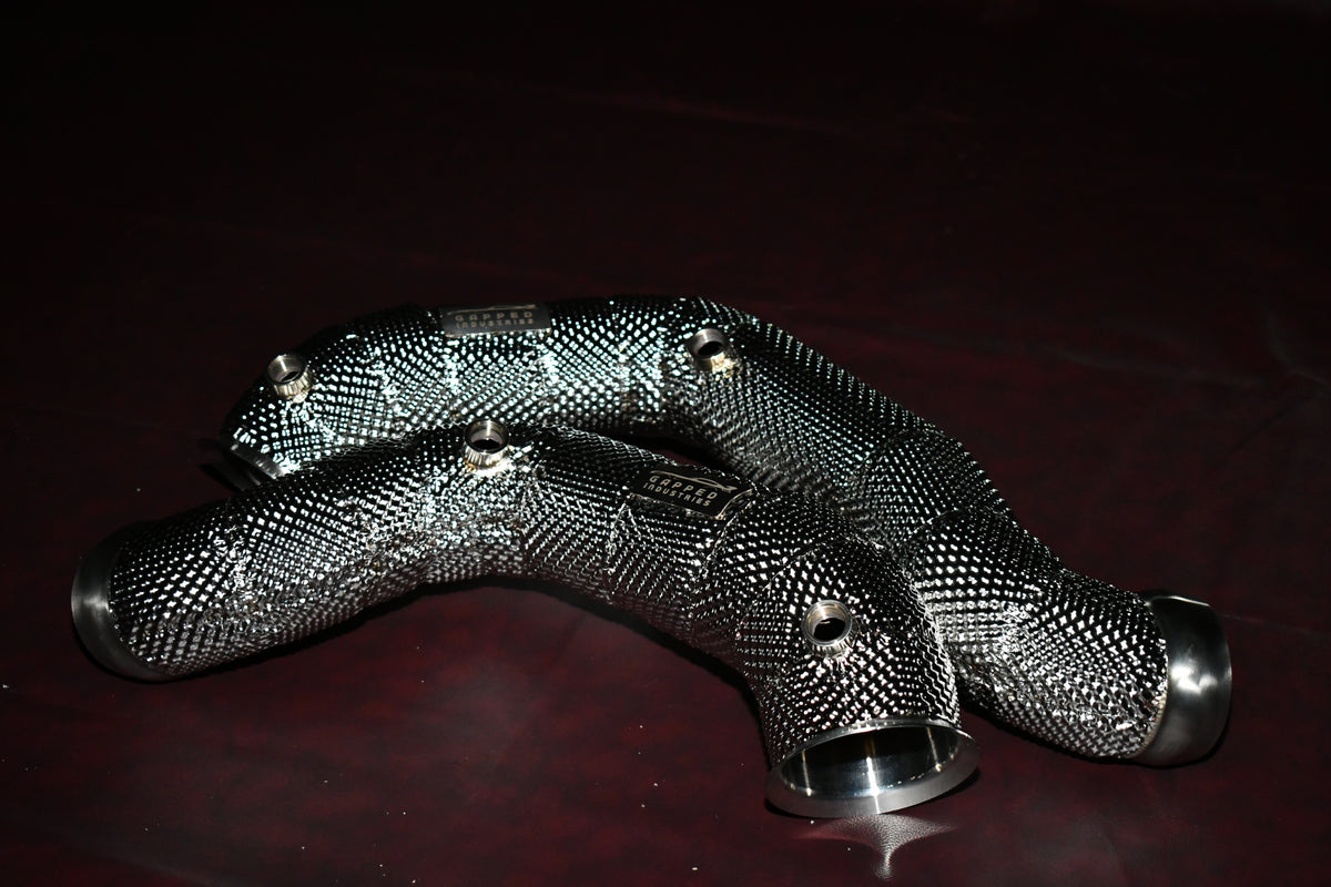 W213 E63s Catless Downpipes Top Side View